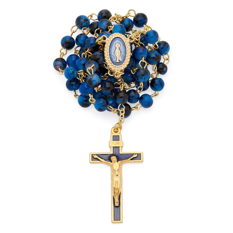 Rosario della Madonna Miracolosa in vetro sfumato blu
