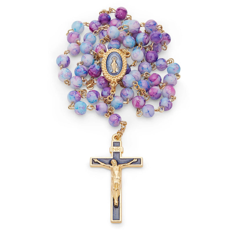 Rosario in vetro sfumato rosa e azzurro della Madonna Miracolosa